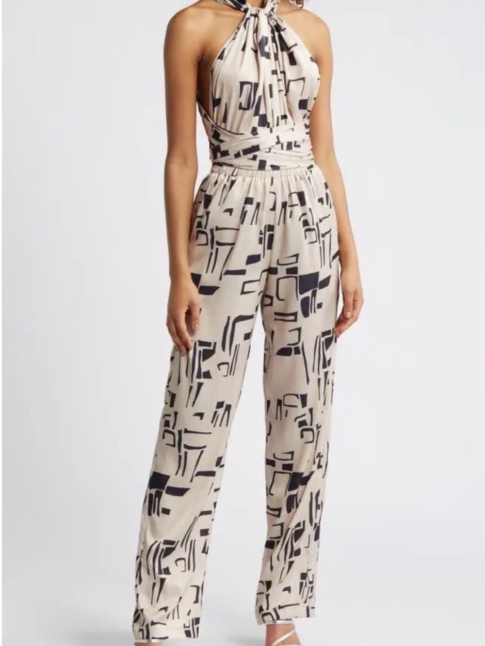 Diarrablu Cream Halter-Top Abstract-Print Jumpsuit with Black Accents